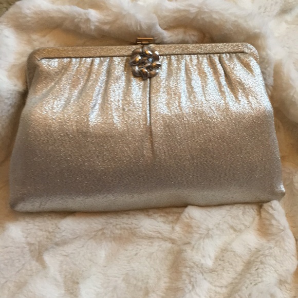 Handbags - Sparkly Silver Clutch Purse w/ Attached Small Chain For Use As Purse Handbag